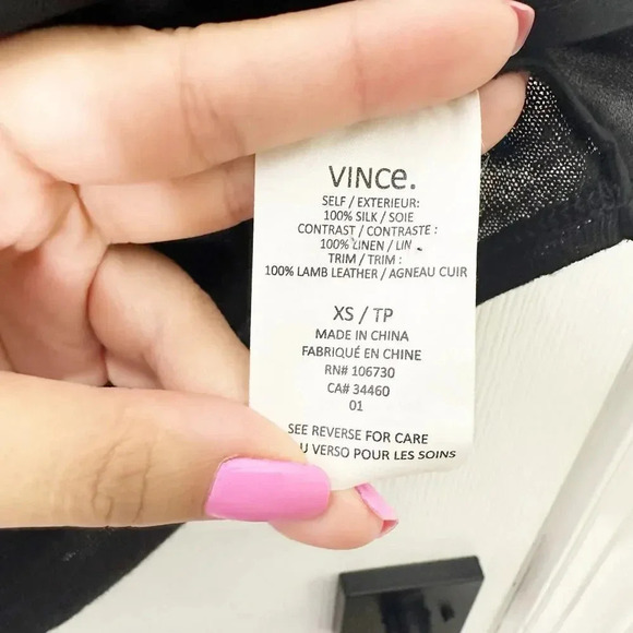 VINCE Size XS Linen Silk Cap Sleeve Top Lamb Leather Trim Relaxed‎ Fit - Picture 4 of 6